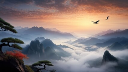 A serene landscape featuring two cranes standing on a rocky outcrop, gazing at each other.