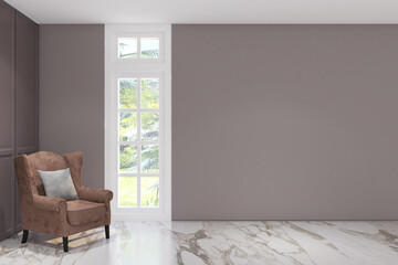 3d render of illustration minimal interior design wall mock up with window,  profile panel and armchair. White marble floor, gray wall finish and white ceiling. Set 69