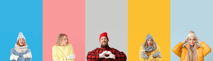 Sticker - Collection of young people in stylish winter clothes on color background