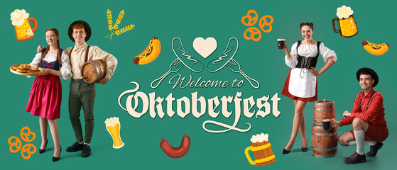 Greeting banner for Octoberfest with happy people on green background