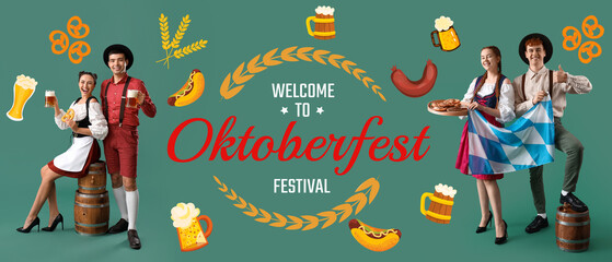 Canvas Print - Greeting banner for Octoberfest with happy people on green background