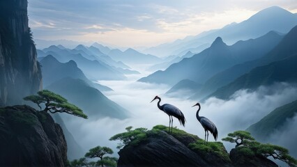 Wall Mural - A serene landscape featuring two cranes standing on a rocky outcrop, gazing at each other.