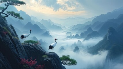 Sticker - A serene landscape featuring two cranes standing on a rocky outcrop, gazing at each other.