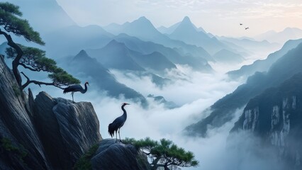 Wall Mural - A serene landscape featuring two cranes standing on a rocky outcrop, gazing at each other.