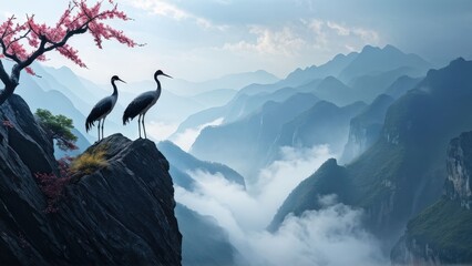 Canvas Print - A serene landscape featuring two cranes standing on a rocky outcrop, gazing at each other.