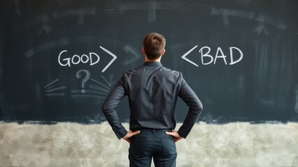 man standing in front of dark chalkboard, arrows pointing good and bad, contemplating decision, rear view, business casual attire, hands on hips, concrete background, chalk drawing, choice and consequ