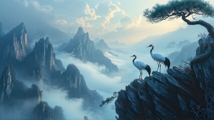 Wall Mural - A serene landscape featuring two cranes standing on a rocky outcrop, gazing at each other.