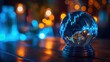 © Shozib - City lights reflected in crystal ball with superimposed stock market graph at night