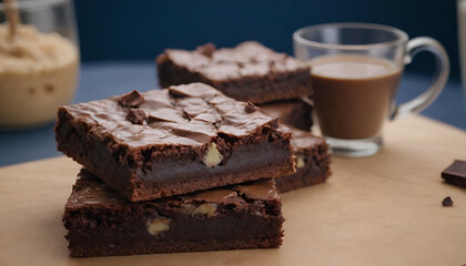 Sticker - chocolate brownies on a wooden table