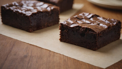 Sticker - chocolate brownies on a wooden table