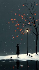 Wall Mural - Silhouetted Figure Beneath a Streetlamp in Winter Scene