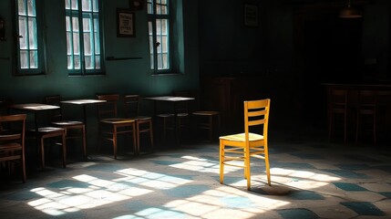 Poster - Lonely Yellow Chair in Dimly Lit Room