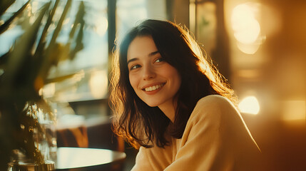 Poster - Woman Entering a Stylish Café: Warm Lighting and Cozy Atmosphere