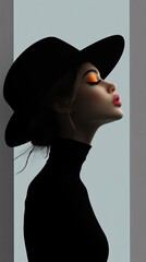 Poster - Elegant Woman in Black Hat: Profile Silhouette Art