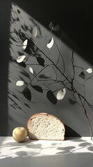 Wall Mural - Artistic Still Life with Bread and Leaves Shadows