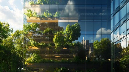 Poster - Sustainable glass office building with trees for reducing carbon dioxide Ecofriendly building in modern city Office with green environment Corporate building reduce CO2 : Generative AI