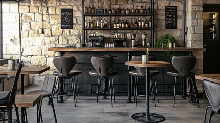 Fototapete - Seating area with bar tables and bar chairs in a modern cafe industrial style with stone wall wood and black steel : Generative AI