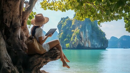 Traveler woman on tree branch using tablet joy nature scenic landscape Railay beach Krabi Digital nomad work travel Phuket Thailand summer holiday vacation trip Tourism beautiful desti : Generative AI