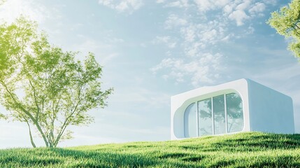Poster - sustainable green building environmentally friendly buildings Future green business idea Environmental sustainability goals in 2050 White building shape amidst pristine nature : Generative AI