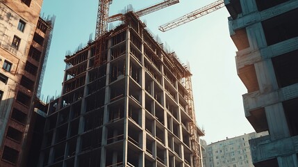 Fototapete - Construction of highrise buildings in City industrial construction site : Generative AI