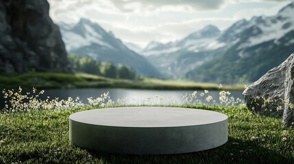 Poster - Abstract 3d render platform and mockup natural background Stone podium on the grass field backdrop meadow mountain for product stand display advertising or etc : Generative AI