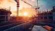 © The Little Hut - Construction technology banner background Construction site with cranes fittings and concrete : Generative AI