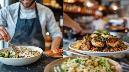 A chef in a kitchen carefully prepares a delicious pasta dish with greens and veggies while also presenting a mouth-watering plate of grilled meats and garnishes.