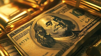 Poster - Gold bullion over 100 us dollar money investment and wealth concept Closeup : Generative AI