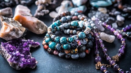 Aufkleber - Collection of various raw mineral gemstones with handmade bracelets : Generative AI