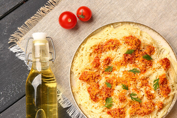 Sticker - Plate of tasty Italian pasta with Parmesan cheese on table