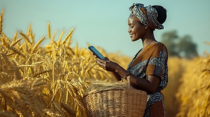 Poster - beautiful image of african lady with smart phone and basket in a farmblack woman surfing on social mediaagricultural concept : Generative AI