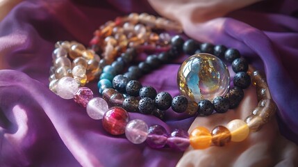 Aufkleber - Crystal gemstones collection  Flat lay top view photo  Gemstone bracelets bead strands crystal ball on fabric : Generative AI