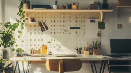 Aufkleber - Interior of home office with workplace and pegboard : Generative AI