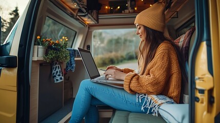 Independent woman sitting inside a camper van in smart remote working job activity using laptop Concept digital nomad freedom lifestyle with female people writing on computer Outdoors  : Generative AI