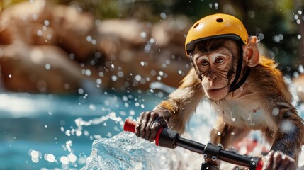 A playful monkey is seen riding a bike through splashing water, wearing a yellow helmet for safety, capturing a fun and lively scene in a vibrant setting.