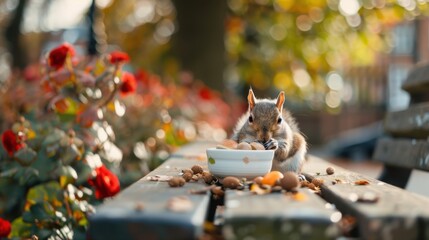 A squirrel happily munches on nuts placed in a white bowl on a wooden bench surrounded by blooming red roses, set against a blurred and bright autumn background.