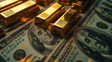 Leinwandbilder - Gold bars on US dollar banknote money finance trading investment business currency concept : Generative AI