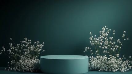 Aufkleber - Podium stand showcase and gentle white flowers on dark teal background Concept scene stage showcase product Mock up Trendy color 2023 : Generative AI
