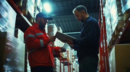 Aufkleber - Men tablet and inspection for stock in warehouse with teamwork inventory check and logistics business Quality assurance tech and team discussion in factory for export industry and ecom : Generative AI