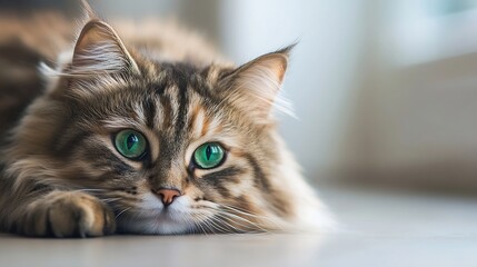 Poster - Portrait of a siberian cat with green eyes lying on the floor at home Fluffy purebred straighteared long hair kitty Copy space close up background Adorable domestic pet concept : Generative AI
