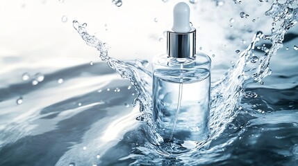 Poster - bottle of serum in clean clear water with splashes and waves : Generative AI
