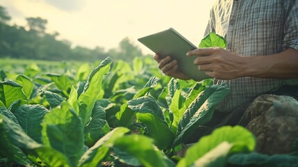 Poster - Asian farmer working in the tobacco field Man is examining and using digital tablet to management planning or analyze on tobacco plant after planting Technology for agriculture Concept : Generative AI