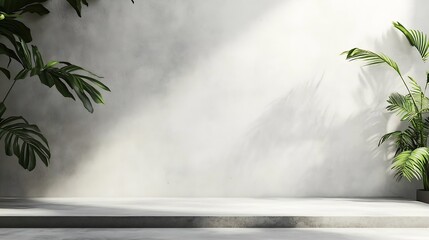 Poster - Background White Wall Studio with  Shadow Leaves light Cement floor Surface Texture BackgroundEmpty Kitchen Room with Podium DisplayTop Shelf BarBackdrop Concrete backgroundCosmetic Pr : Generative AI