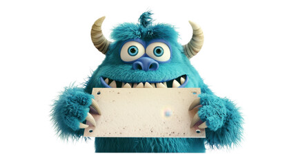 Cartoon blue monster character holding a blank sign on transparent background