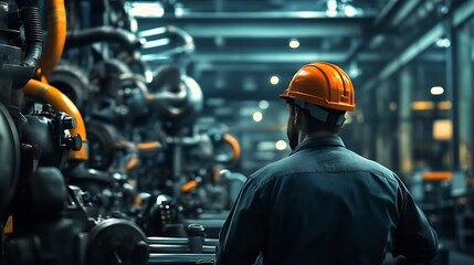 Aufkleber - Industrial diligent worker safeguarded by a hard hat engrossed in his duties amidst the complex machinery of a bustling factory : Generative AI