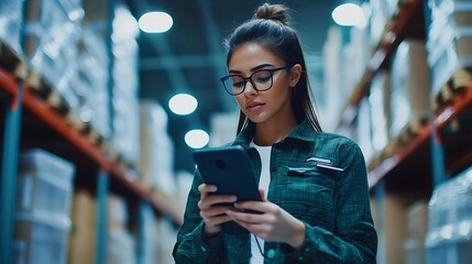Aufkleber - Logistics woman and phone in warehouse in communication stock and safety in supply chain or freight Factory officer and industry for quality control in manufacturing shipping in trade  : Generative AI