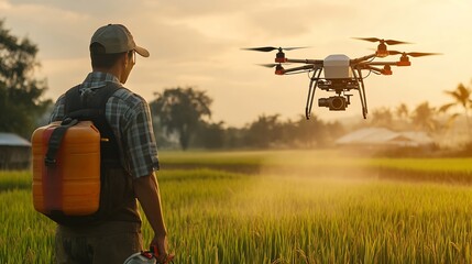 Fototapete - Farmer technicians prepare to remotely fly agricultural drones to fly to spray fertilizer in rice fields Agricultural technology smart farm concept : Generative AI