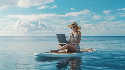 Poster - Woman sea laptop Digital nomad freelancer with laptop working on sup board at calm sea beach Happy smiling girl relieves stress from work Freelance digital nomad travel and holidays co : Generative AI