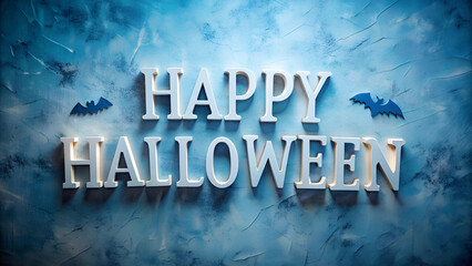 textured blue background with happy halloween in white 3d letters. the scene is complemented by two 