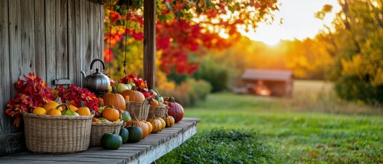 Wall Mural - Autumn Harvest Scene With Pumpkins And Fall Foliage